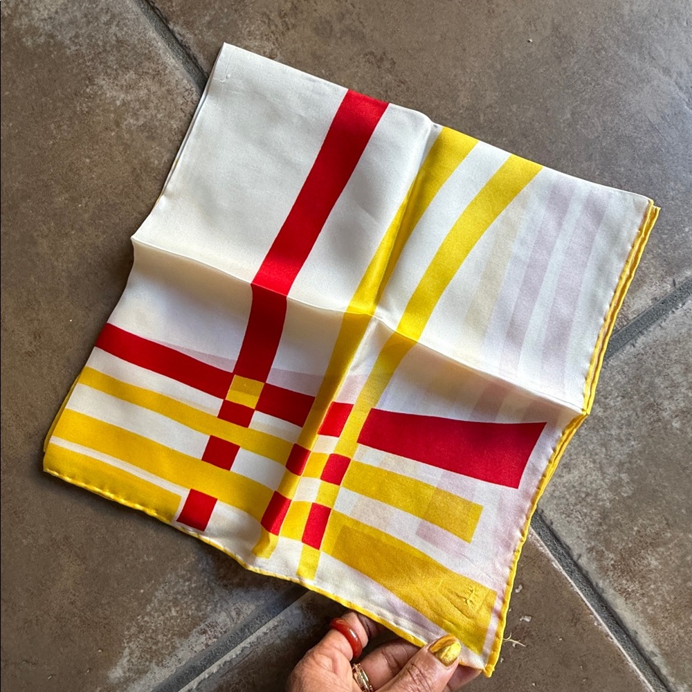 Vintage Silk Scarf – Made in Japan | Red Yellow Geometric Print | 100% Silk